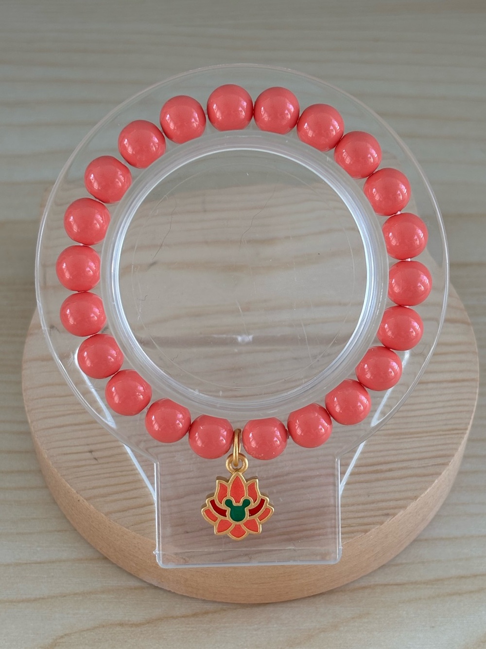 Coral Color Beaded Bracelet with Lotus Flower Charm
